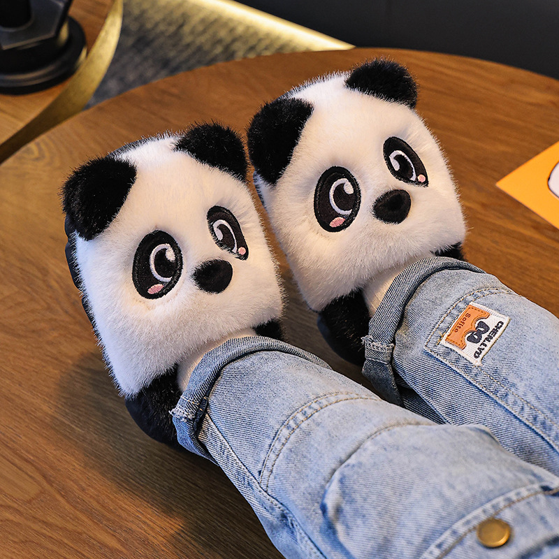 Otoño y invierno zapatillas de algodón para niños, niñas y niños, lindos pandas cálidos, peluche para niños, bolsas de peluche para bebés, zapatos de talón de algodón