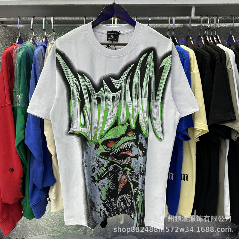 MIXED EMOTION レトロホットダイヤモンドプリントロゴ美しいトレンディなラウンドネックルーズカジュアル半袖Tシャツ男性と女性用|undefined