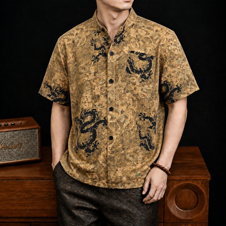 Áo sơ mi ngắn tay nam mulberry silk cao cấp dáng rộng mùa hè — Vàng 8908
