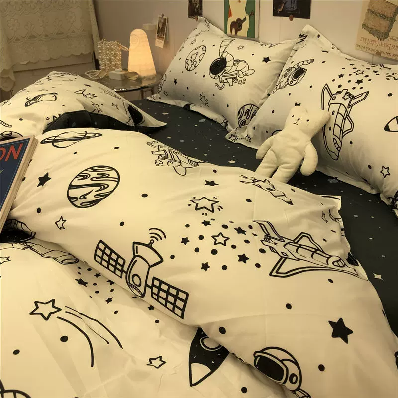 ins日式星空系列宇宙星球秋冬磨毛四件套学生宿舍被套床单三件套
