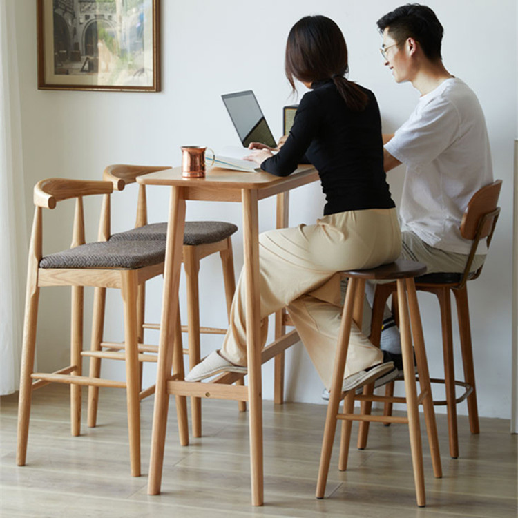 Nordic Solid Wood Bar Table for Home Use, Simple Wall-Mounted High-Legged Table and Chairs for Restaurant or Milk Tea Shop, Long Leisure Solid Wood Dining Table