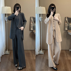 7616法式气质名媛时尚套装女秋冬新款外穿针织马甲阔腿裤三件套潮
