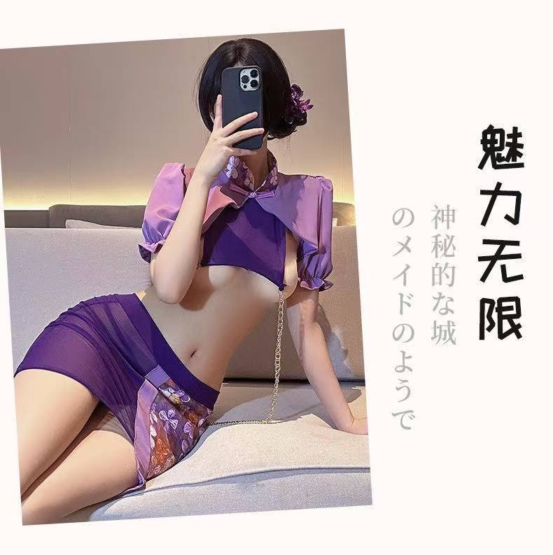 Retro Open-Chest Cheongsam Lingerie Set with Pull Chain, Purple Mesh Polyester, One Size — detail image 4
