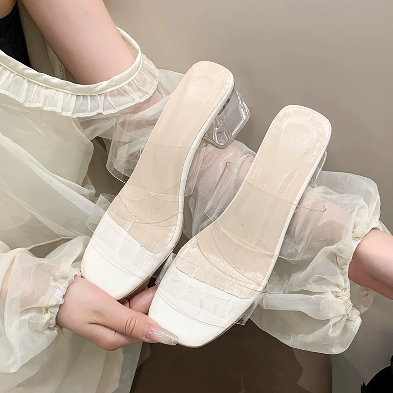 Внешняя торговля большой размер прозрачный ремень с толстыми тапочками на каблуках 2024 летний новый фея ветер на высоких каблуках