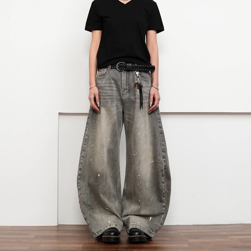 New American Retro Street Distressed Whiskered Scimitar Jeans Niche Washed Splatter Lazy Silhouette Wide-Leg Pants