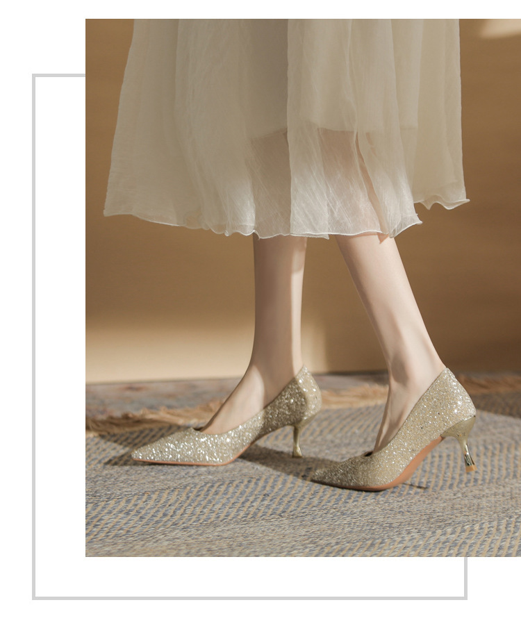 Giày cao gót mũi nhọn sequin lấp lánh CG6018 – miệng nông, gót nhọn — Màu Sâm panh chi tiết 18