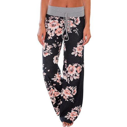 ebayWISH Casual Long Pants Western Fashion Loose Belted Women's Pants Printed Pants High Waisted