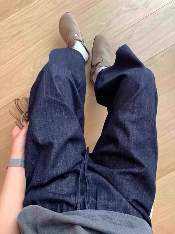 深蓝色天丝牛仔裤女夏薄款松紧腰抽绳阔腿裤小个子直筒九分休闲裤|undefined