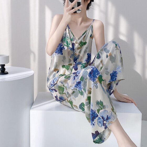 Chinese Style New Chinese Style Cotton Silk Printed Suspender Pajamas Set Women's Summer New Trousers Pure Desire Vacation Home Clothes