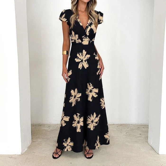 Cross-Border Export European and American Clothing Amazon Aliexpress 2025 Summer Fashion Printed V Neck Ruffle Dress