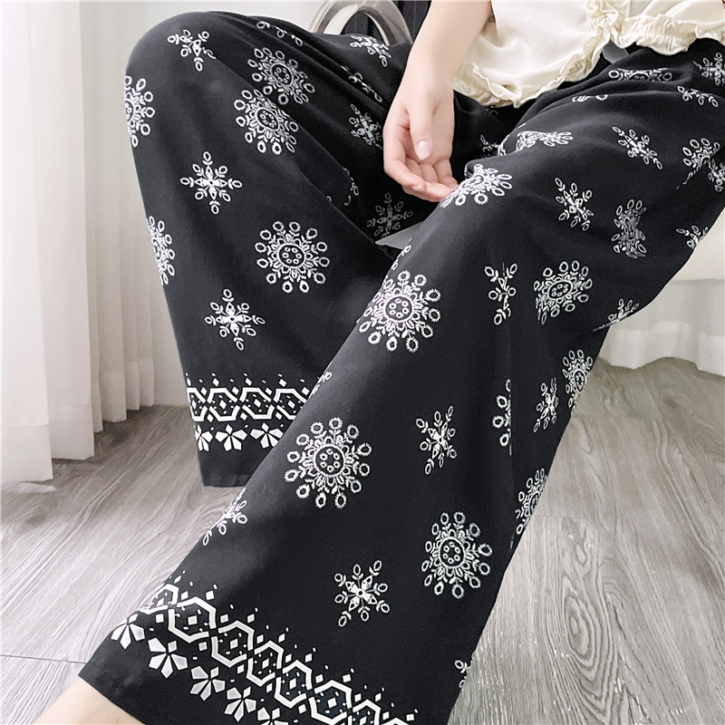 Pantalones de pijama de seda de algodón para mujer Pantalones de pierna ancha casuales impresos de dibujos animados delgados de verano las mujeres embarazadas pueden usar pantalones de comercio exterior pantalones de una sola capa