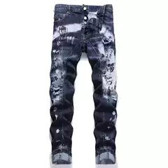 European and American Street Fashion Brand Spring and Autumn New Style Splash Graffiti Patch Distressed White Jeans Men's Stretch Slim Fit Tapered Pants