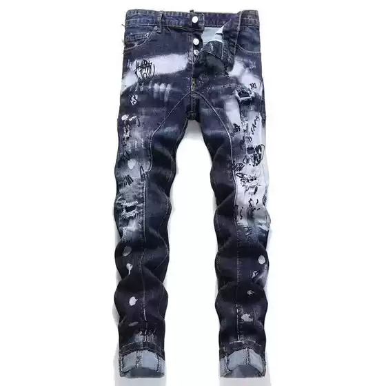 European and American Street Fashion Brand Spring and Autumn New Style Splash Graffiti Patch Distressed White Jeans Men's Stretch Slim Fit Tapered Pants