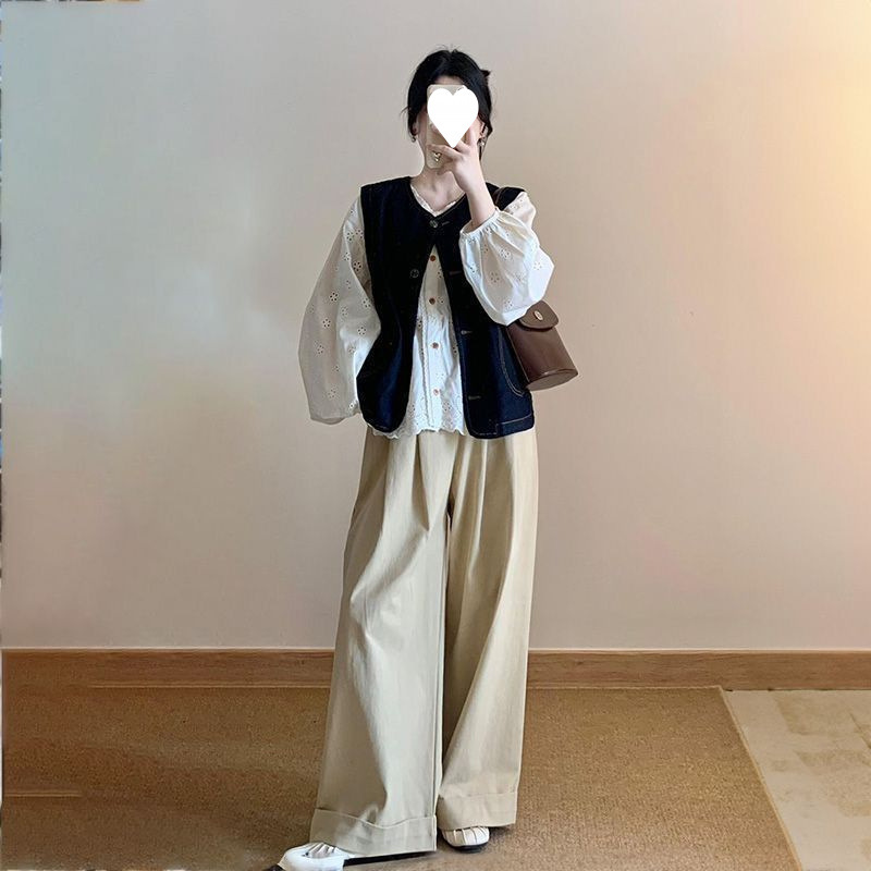 韩系时尚气质休闲牛仔背心马甲开衫+刺绣衬衫+宽松阔腿裤三件套装