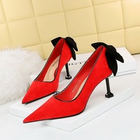 17175-A2 Sweet High Heel Shoes Women's Shoes Thin Heel High Heel Suede Shallow Mouth Pointed Color Contrast Bowknot Single Shoes