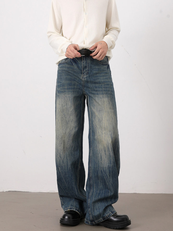 Quần jean nam ống rộng dáng suông màu xanh wash, râu mèo, phong cách đơn giản dễ phối đồ — Màu xanh dương