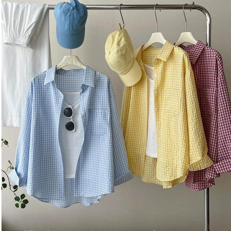 Spring and Autumn New Style Japanese and Korean Small Plaid Sunscreen Shirt Women's Lazy Style Top