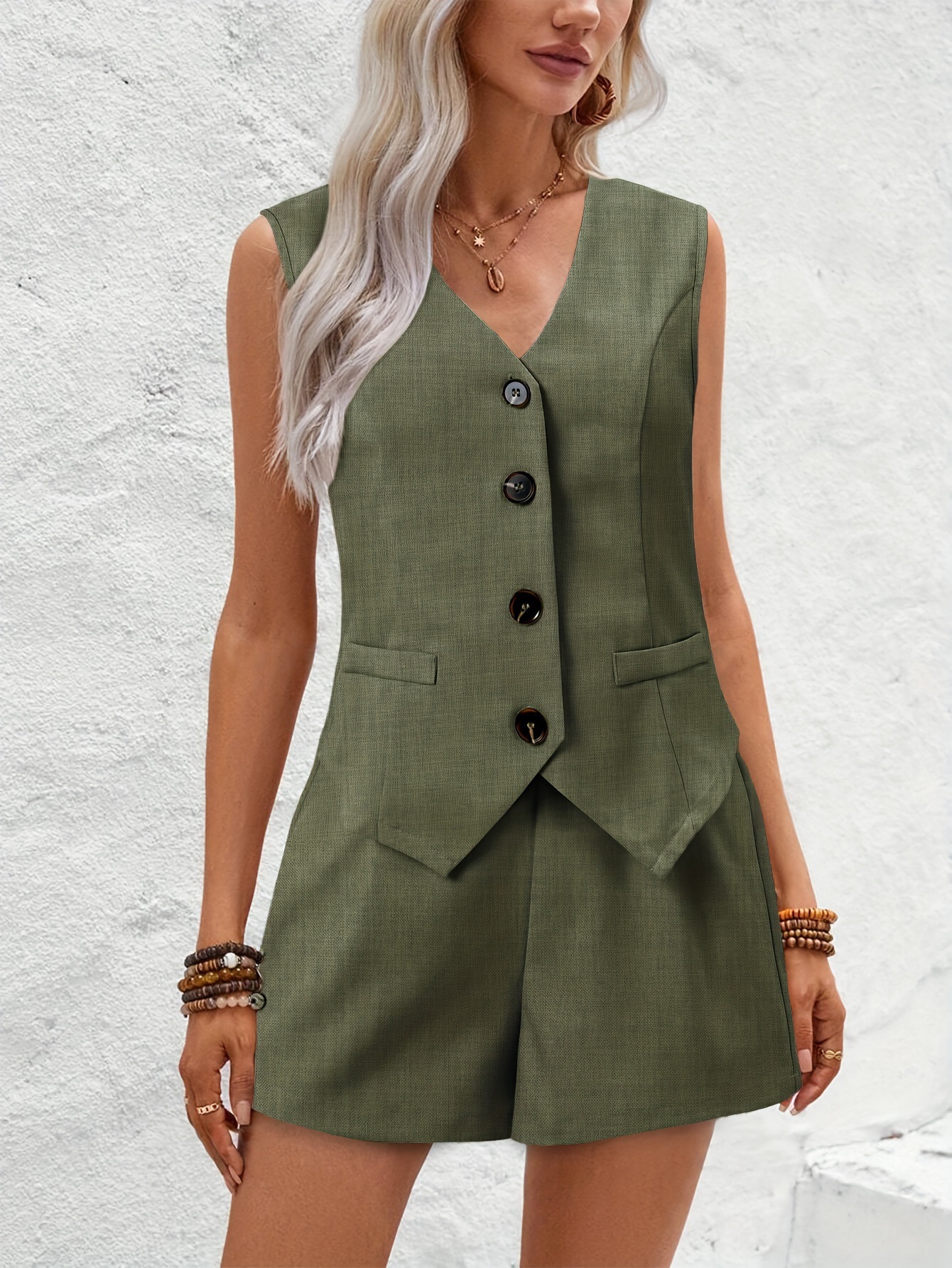 Women Clothing Elegant Office V neck Fastener Decoration Vest Shorts Short Two Piece Set Women