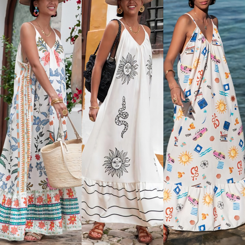 Cross-Border Independent Website European and American Spring and Summer New Style Printed Vacation Loose Plus-Size Dress for Women