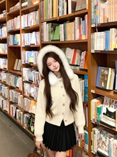 保暖毛毛领连帽长袖毛衣2025秋冬新款休闲百搭立体绞花收腰外套女