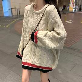 跨境毛衣女宽松秋冬外穿日系长袖温柔风中长款针织衫外套上衣批发