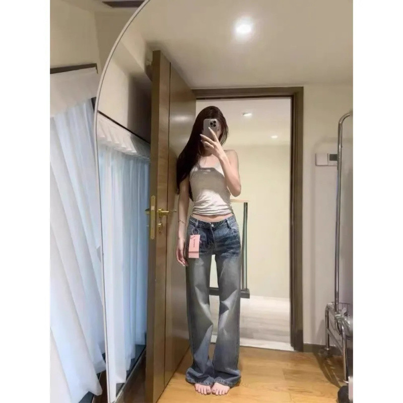 H5N2025 Spring/Summer New American Retro Cracked Jeans for Short Women, Loose Fit, Slimming, Low Waist, Wide Leg, Floor-Length