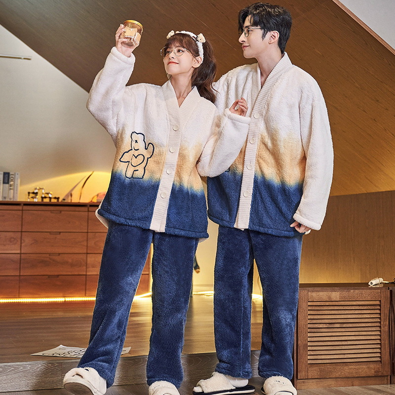 Coral polar pareja pijamas de invierno de las mujeres de manga larga kimono japonés con cuello en V estilo coreano de dibujos animados lindo traje de homewear de los hombres