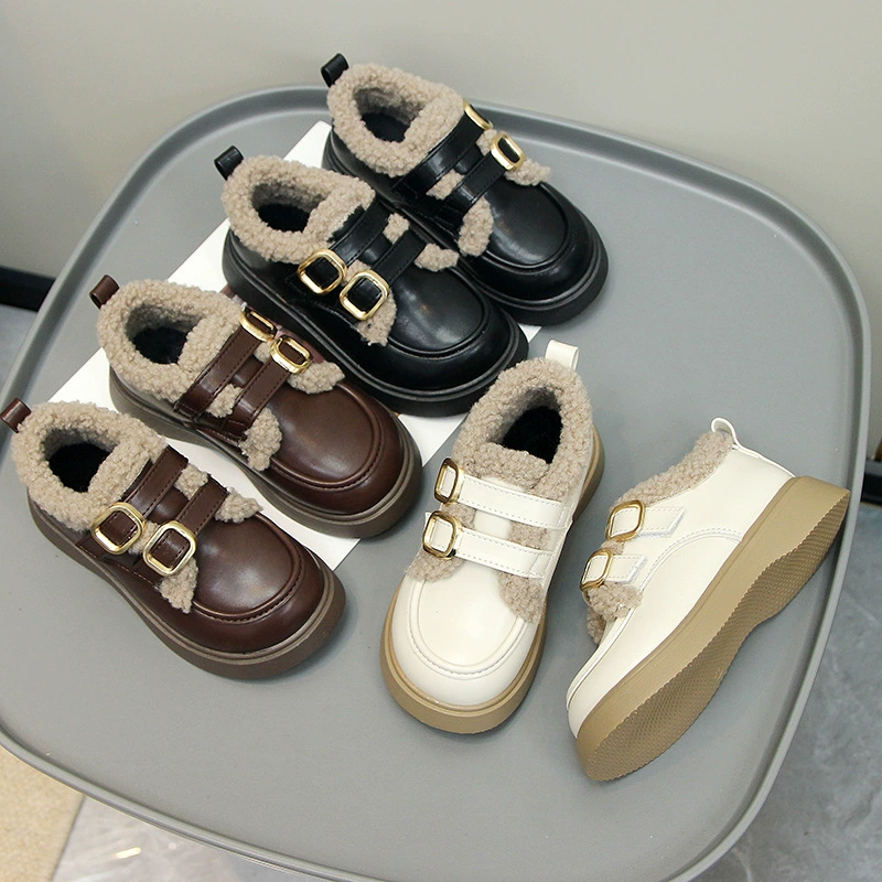 Fleece-Lined Demi-Season Kids Shoes, English/British Style for Princess, Soft Plush Cozy Sole