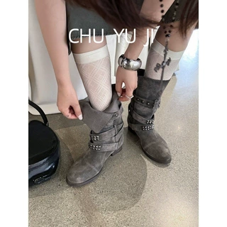 初遇季手工街头短靴女牛反绒复古靴子显瘦铆钉粗跟骑士靴
