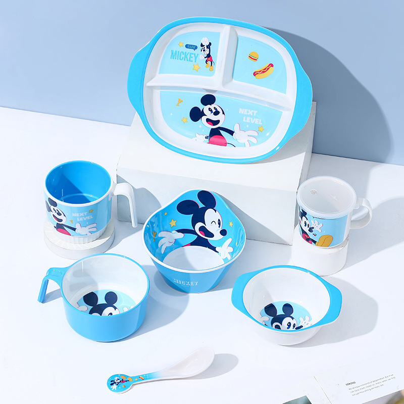 Disney Mickey Children's Tableware Divided Plate, Bowl, Spoon, Handle Bowl, Water Cup, Shatter-Resistant Melamine Tableware