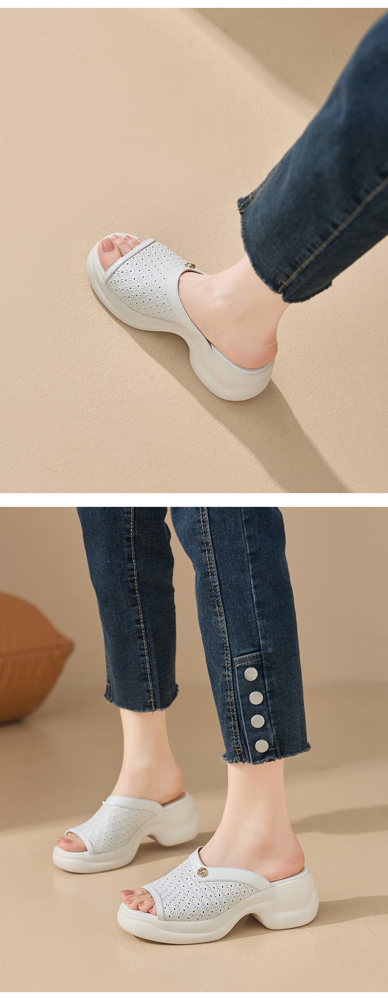 Sandal cao gót nữ mũi hở đế dày 6,5 cm phong cách đơn giản — màu trắng ngà chi tiết 7