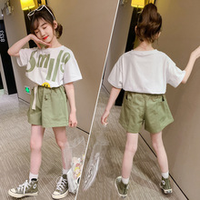 童装新款2023韩版夏装女童字母短袖两件套儿童洋气套装一件代发潮