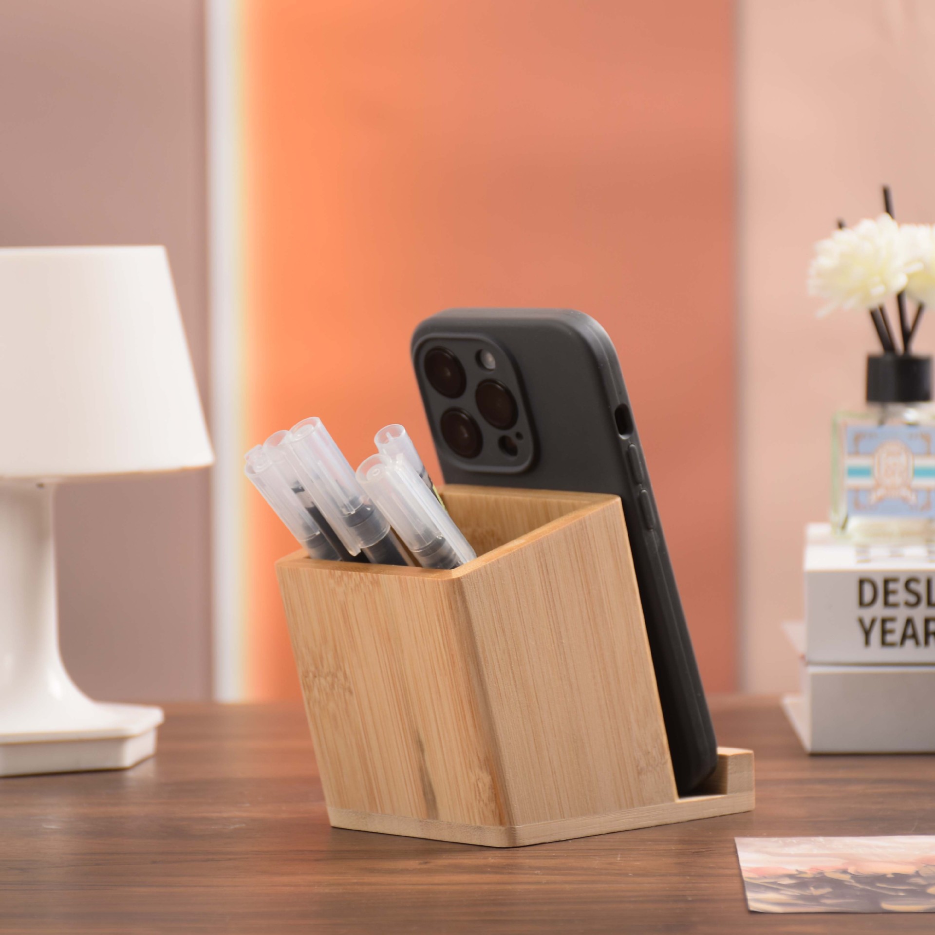 데스크탑 단단한 나무 펜 홀더 저장 상자 사무실 휴대 전화 홀더 간단한 나무 사무실 용품