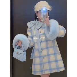羽绒服2025狐狸毛斗篷外套女中长款大衣蝴蝶结简约格子拼色上衣