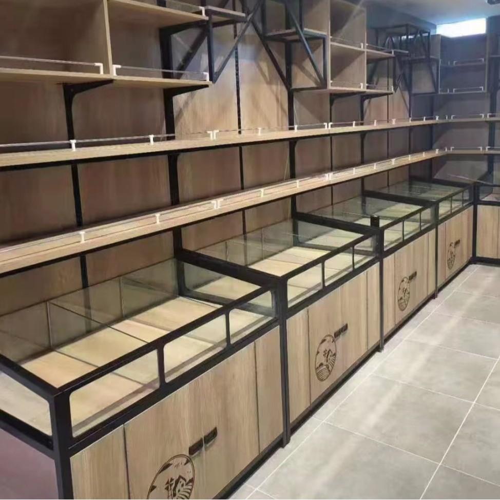零食水果蔬菜展示架中岛陈列柜超市靠墙钢木多层米面架超市专用