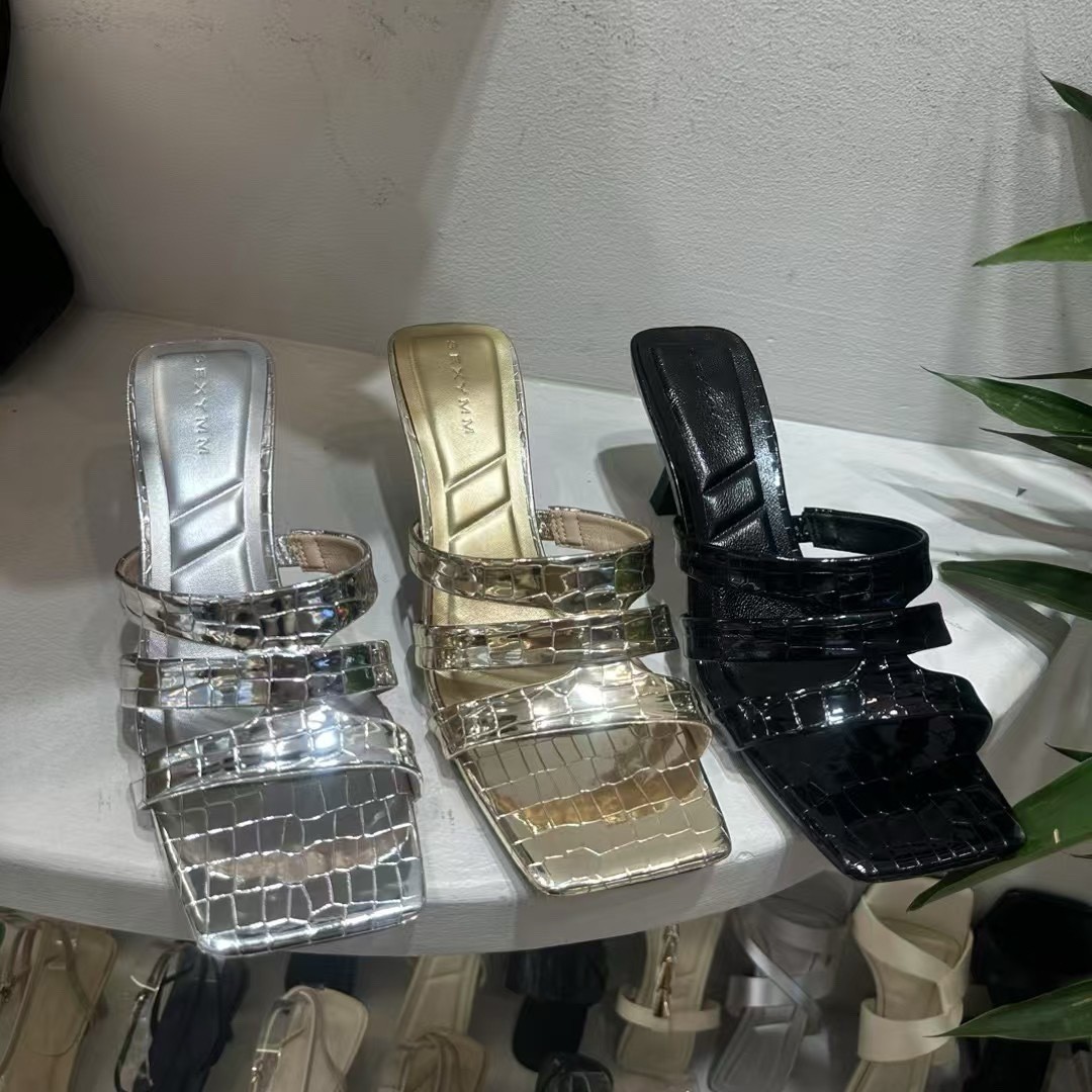 Golden fashionable sandals stiletto heels square toe