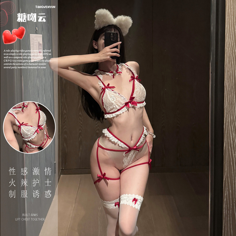Sugar Kiss Cloud Sexy Lingerie Pure Desire Bow Three-Point Swimsuit Lingerie Lace Sweet Hollow Out Set 78