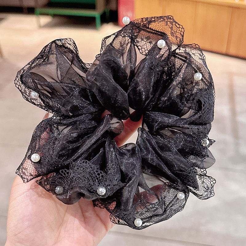377 Mesh Кружевная резинка для волос с бисером, черная