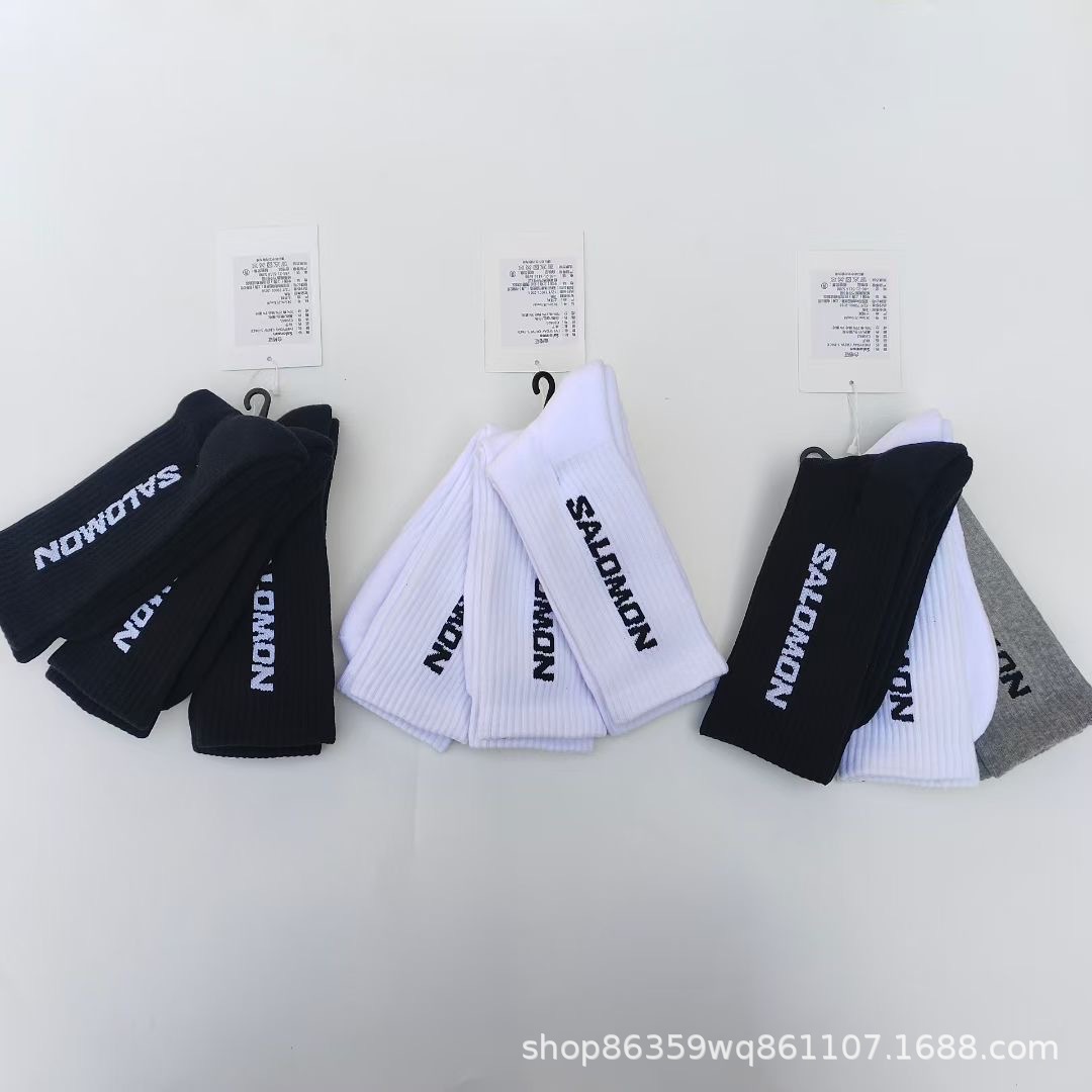 Salomon Outdoor Sports Socks Towel Bottom Cotton Socks Letter Mid-High Socks Men and Women Couple Socks