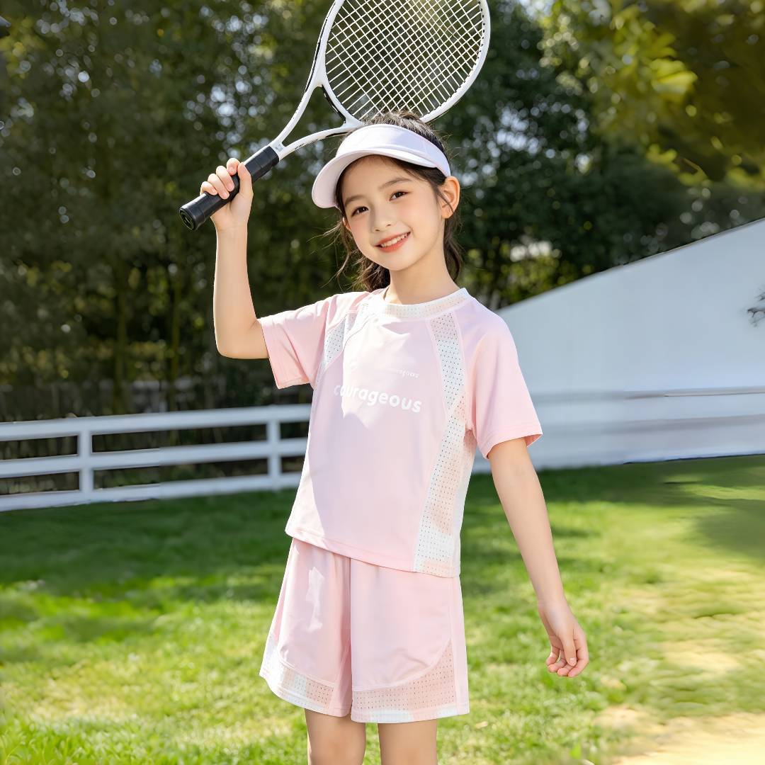 Trajes deportivos para niños de verano nuevos niños secos rápidos transpirables niñas pantalones cortos de mangas cortas ropa infantil mayorista image 5