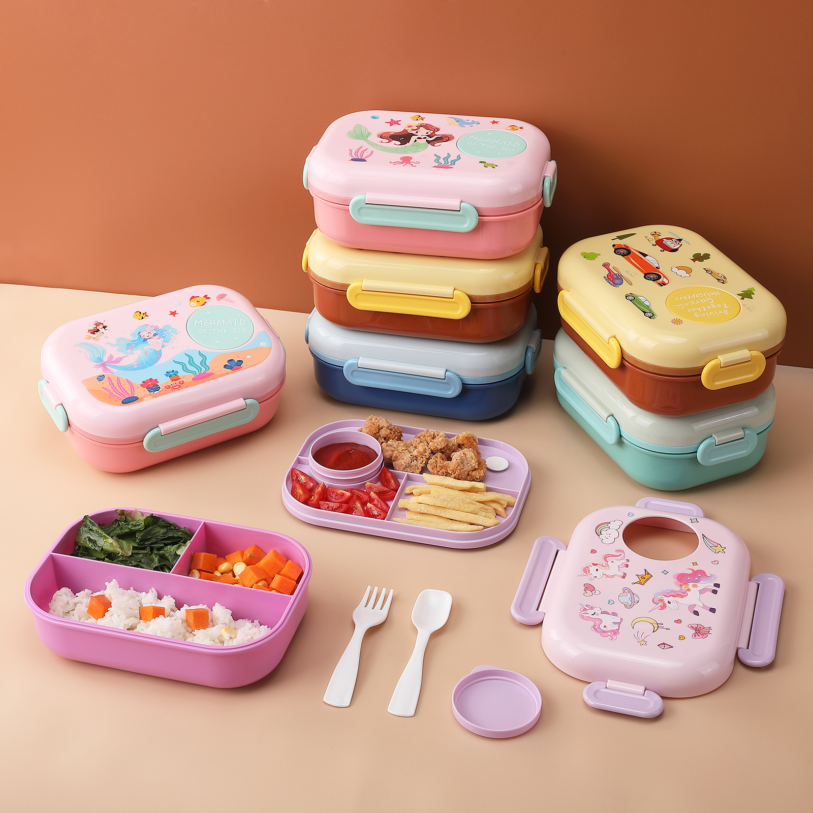 新款创意卡通图案儿童分格餐盒 学生党上班族专用潮流塑料便当盒