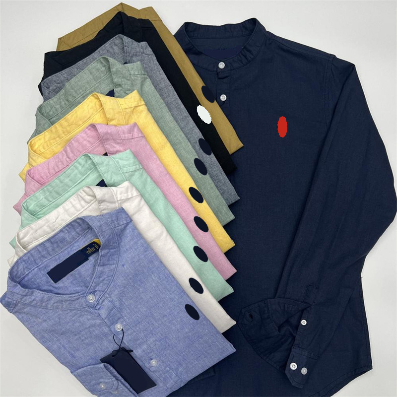 Cross-Border Rl Laff's Men's Business Casual Stand-Up Collar Linen Long-Sleeved Shirt Polo Pony Embroidered Logo