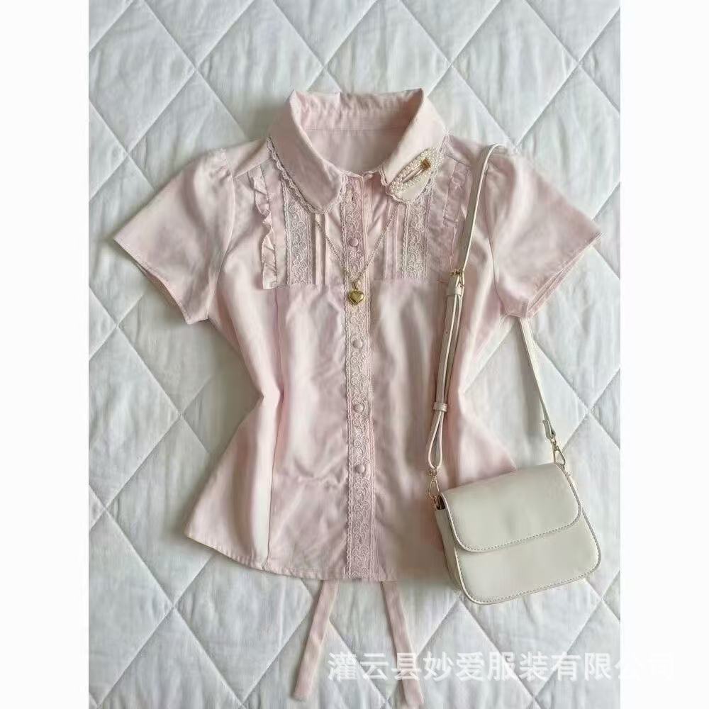 Vintage retro chic niche design pink shirt with a waist-cinching, slimming effect