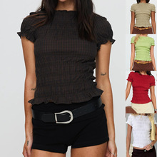 欧美新款女装 纯色网格休闲百搭修身收腰褶皱短款短袖上衣SU4107