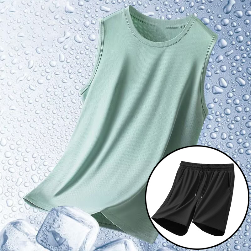 Traje deportivo para hombre, chaleco de carrera de secado rápido, pantalones cortos, entrenamiento de verano, camiseta sin mangas de seda de hielo, comercio exterior, venta al por mayor transfronteriza