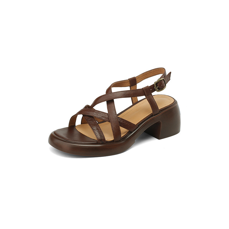 Sandal nữ quai ngang da bò đế xuồng gót cao phong cách La Mã — nâu