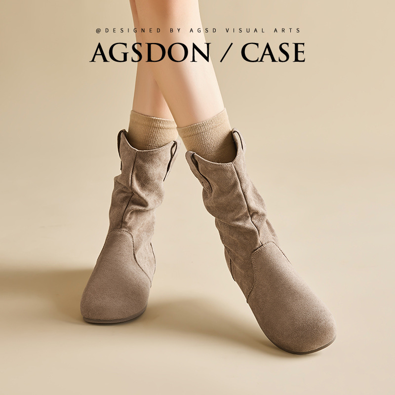 Augu Shiden Women's Short Boots 2025 New Winter Fleece-Lined Retro Slouchy Martin Boots Melard Western Cowboy Boots