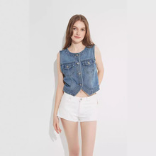 2024春夏韩版百搭女装无袖坎肩牛仔马甲背心上衣新款短款圆领上衣