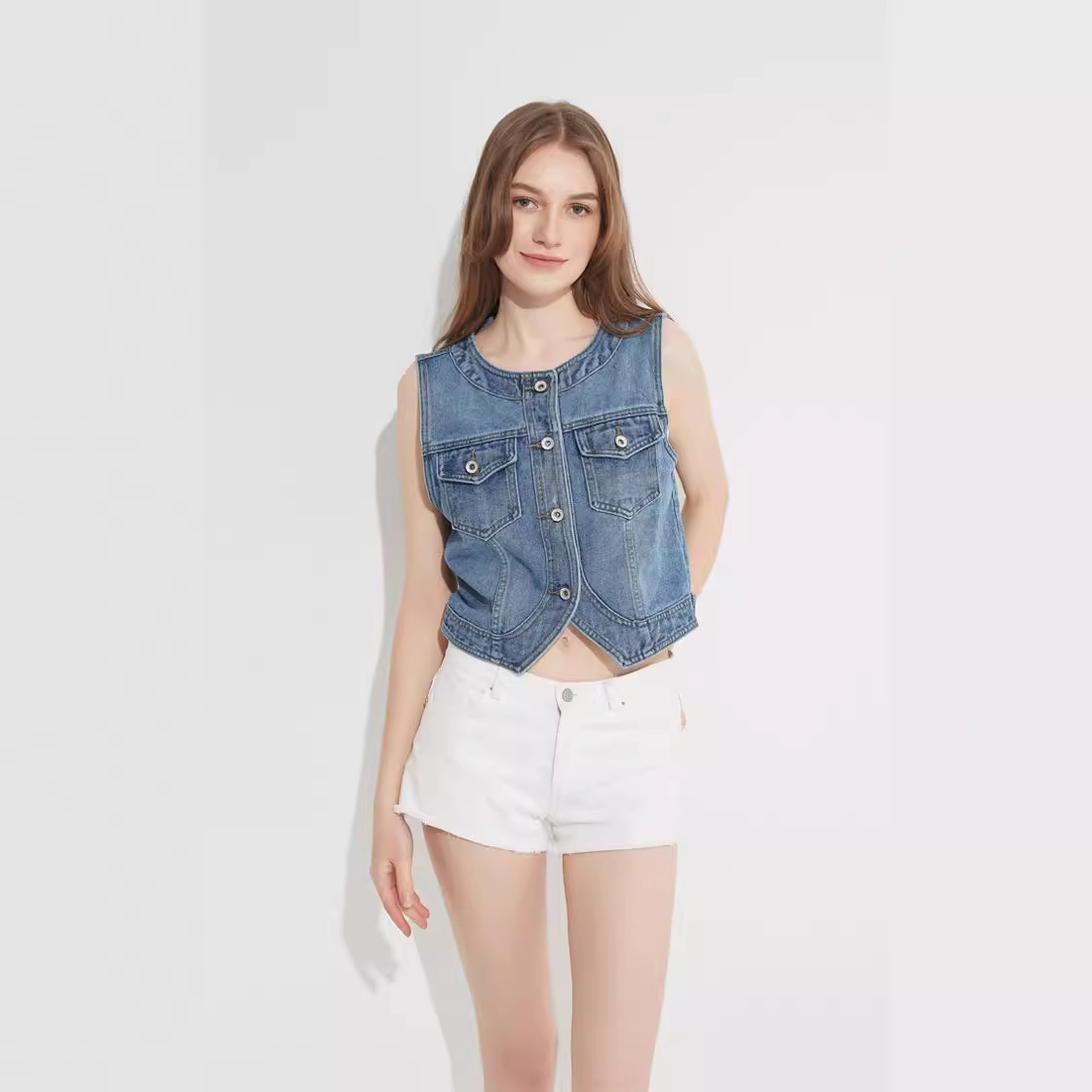 2024 spring and summer Korean style versatile women's sleeveless waistcoat Denim vest top new short round neck top