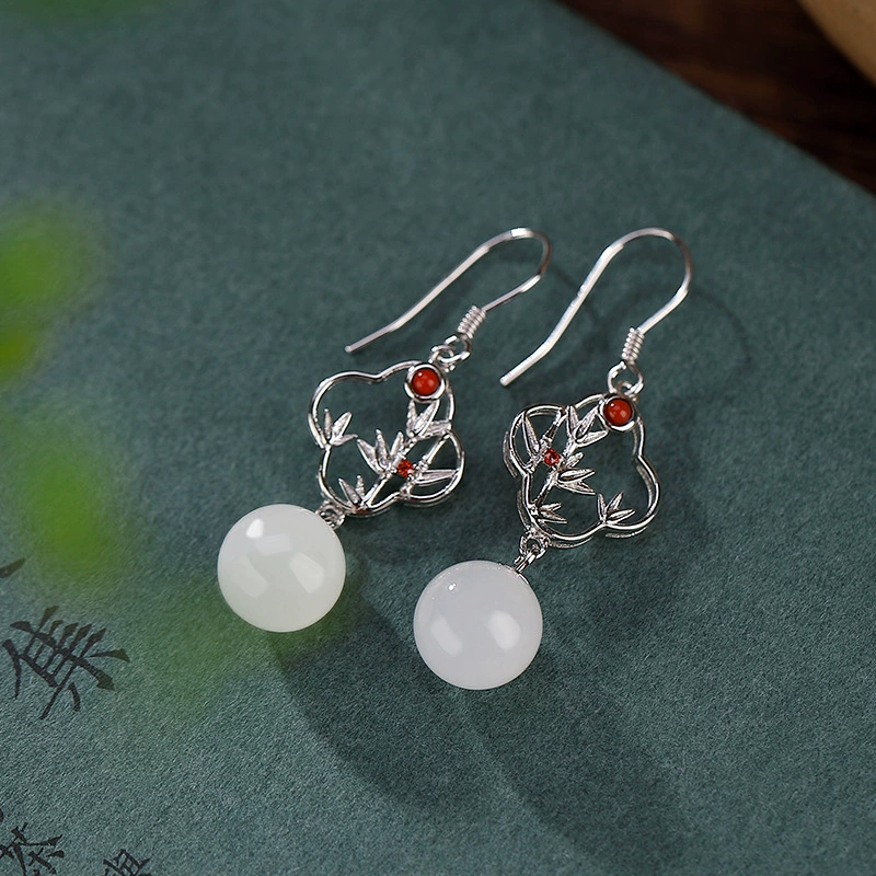 壹鹿银 Platinum bamboo earrings from Khotan district white jade, silver 925 sample, four-leaf clover, bright catchy style